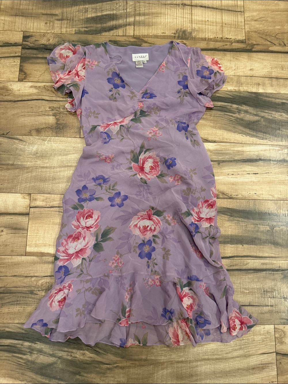 Papell Boutique Lavender Floral Midi Dress with Pink & Blue Blooms